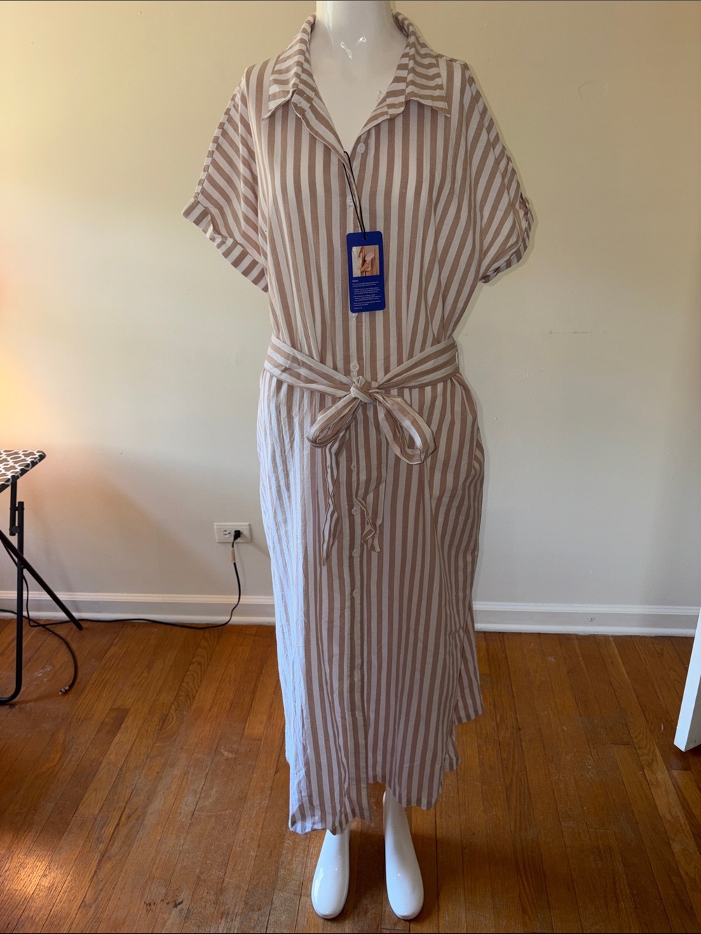 Striped Short-Sleeve Maxi Shirt Dress with Tie Waist - Cream/White
